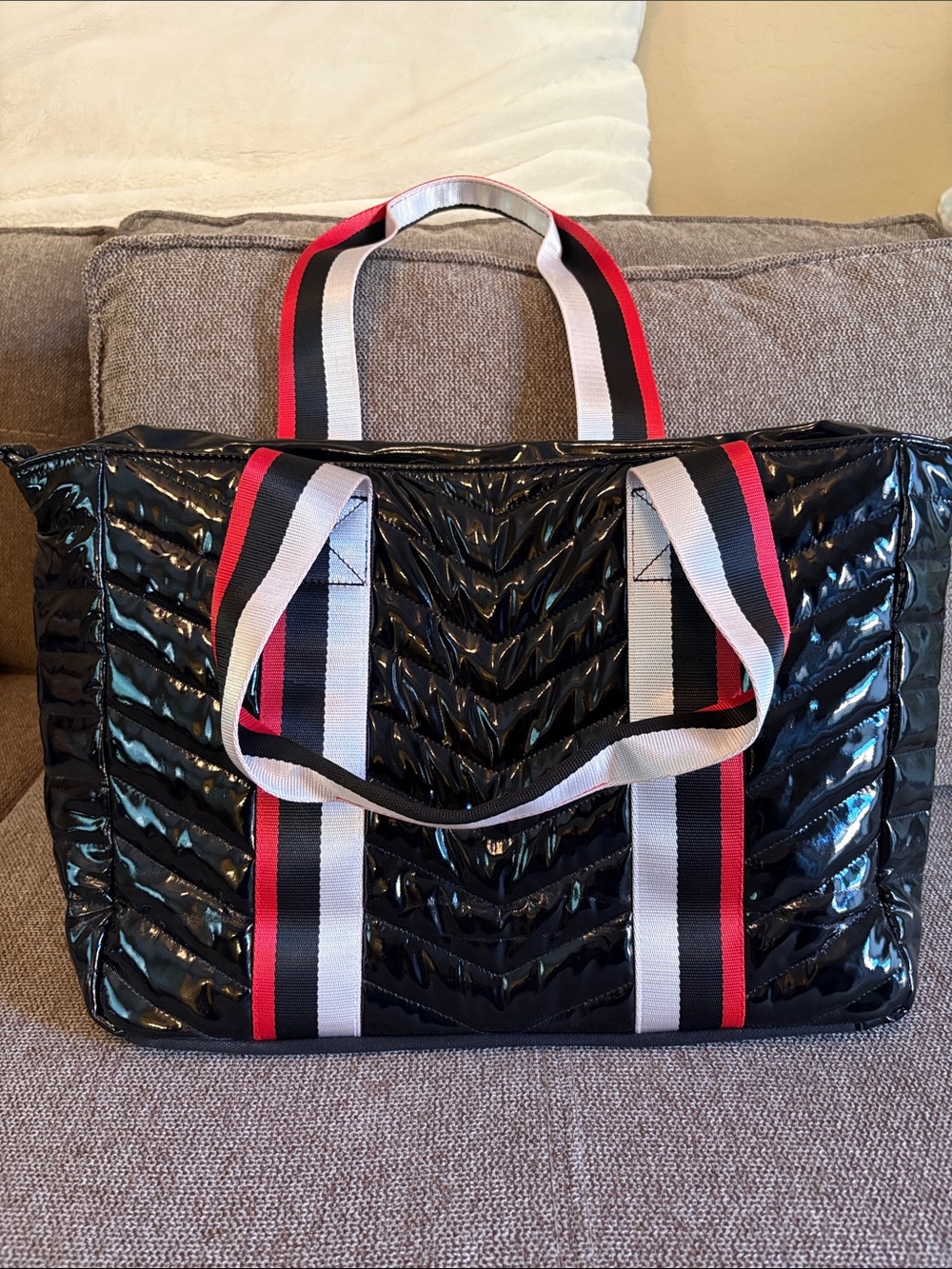 Black Think Rolyn Travel Tote with Red & greyish Stripe Handles